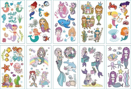 10 pièces autocollant de tatouage visage main dessin animé faux Tatoo temporaire étanche Taty modèle G sirène