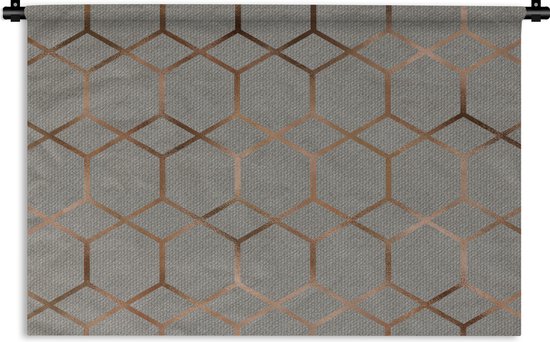Wandkleed Luxe patroon - Luxe patroon met zeshoeken en ruiten in een bronzen kleur op een grijze achtergrond Wandkleed katoen 60x40 cm - Wandtapijt met foto