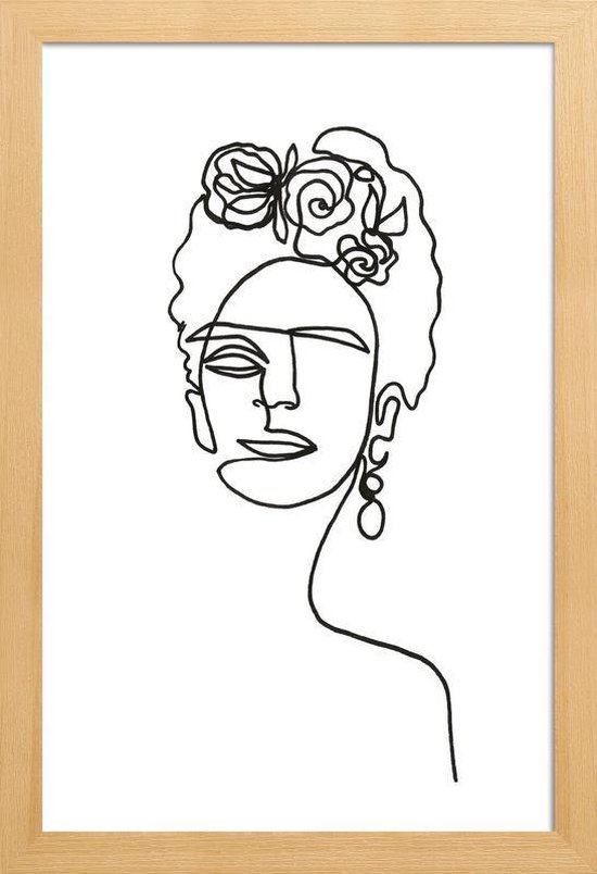 JUNIQE - Poster in houten lijst Frida Kahlo - lijntekening -20x30 /Wit