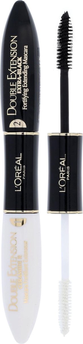 Zwarte en witte L'Oréal Double Extension mascara met borstels en serum.