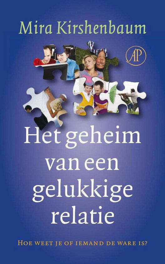 Boekomslag van 'Het geheim van een gelukkige relatie' met puzzelstukken met foto's van koppels.