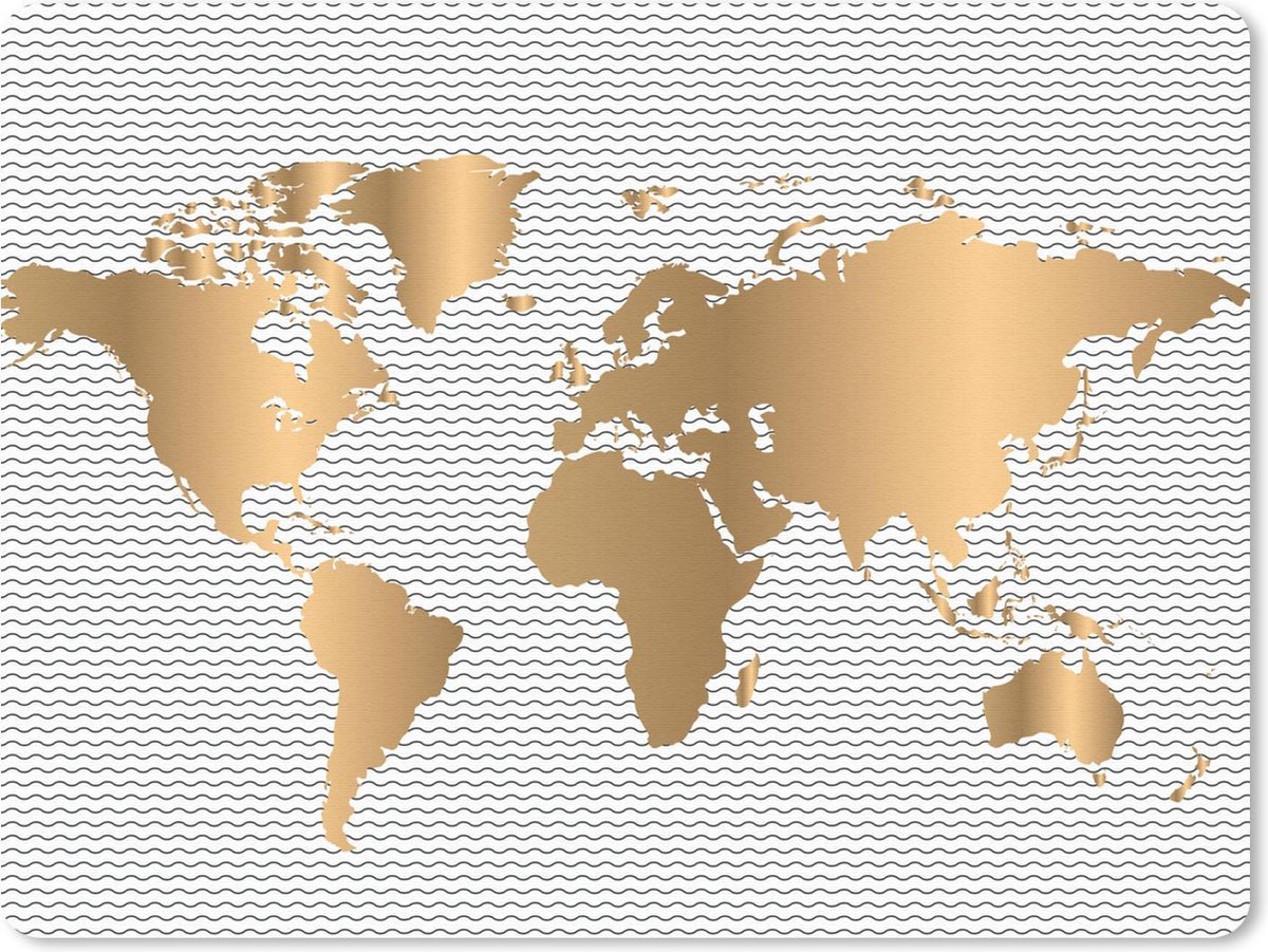 Muismat Eigen wereldkaarten - Wereldkaart Goud Golven muismat rubber - 40x30 cm - Muismat met foto