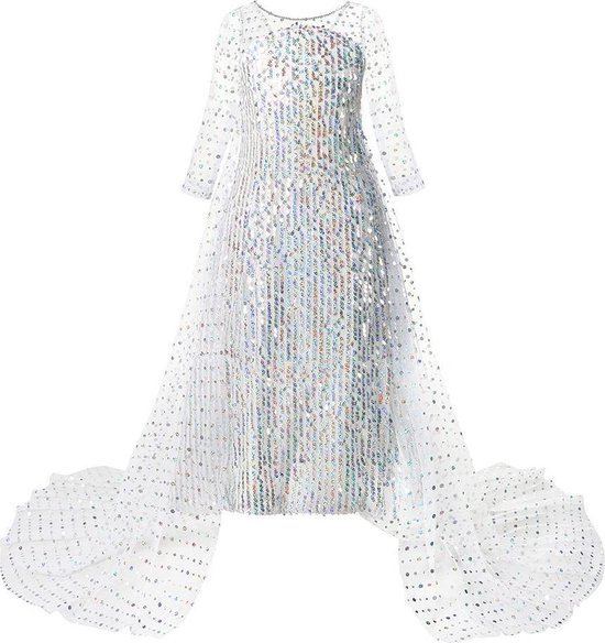 Prinses - Elsa jurk met sleep - Prinsessenjurk - Verkleedkleding - Feestjurk - Sprookjesjurk - Wit - Maat 134/140 (8/9 jaar)