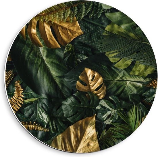 Forex Wandcirkel - Gouden Bladeren tussen Groen Bos - 40x40cm Foto op Wandcirkel (met ophangsysteem)