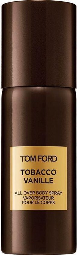 Bruine spuitbus met gouden etiket: TOM FORD TOBACCO VANILLE ALL OVER BODY SPRAY.