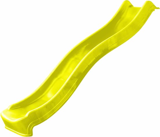 Gele glijbaan van plastic met golvend ontwerp, geïsoleerd op een witte achtergrond.