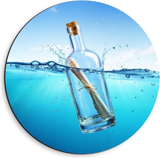 Dibond Wandcirkel - Flessenpost in Water - 40x40cm Foto op Aluminium Wandcirkel (met ophangsysteem)