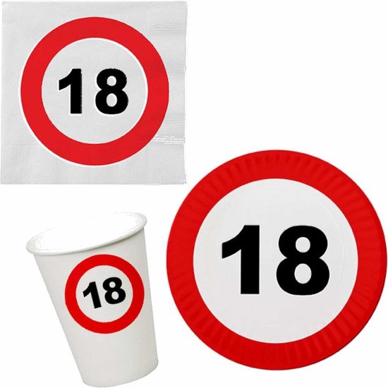 Verjaardag feestartikelen tafel dekken set 18 jaar verkeersbord/stopbord thema - 8x bordjes - 8x bekertjes - 16x servetten
