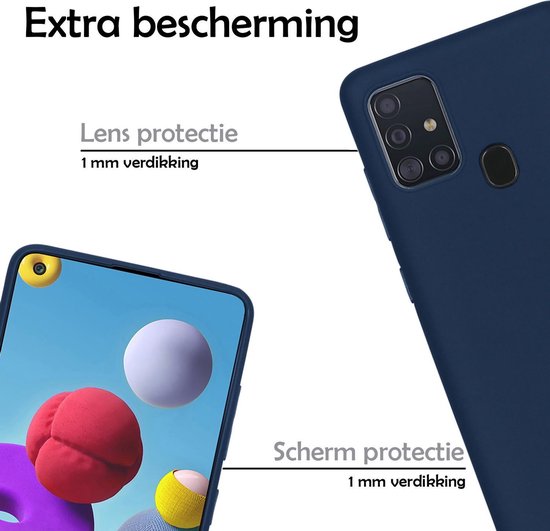 Donkerblauwe telefoonhoes en screenprotector met tekst over extra bescherming voor camera en scherm.
