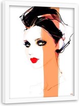 Foto in frame , Vrouw met oranje streep op gezicht ,70x100cm , Zwart wit oranje , wanddecoratie