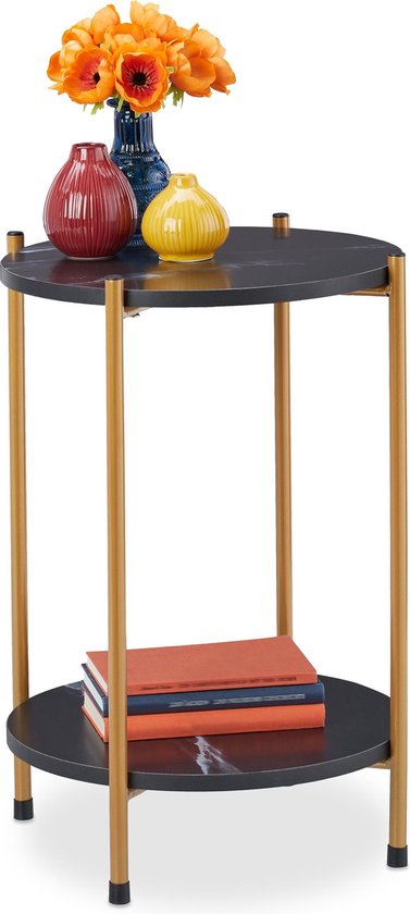 Relaxdays bijzettafel marmer design - koffietafel - salontafel - tafeltje - 2 etages - zwart