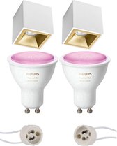 PHILIPS HUE - Opbouwspot Set GU10 - White and Color Ambiance - Bluetooth - Primux Cliron Pro - Opbouw Vierkant - Mat Wit/Goud - Verdiept - 90mm
