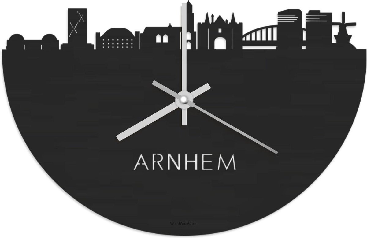 Skyline Klok Arnhem Zwart hout - Ø 40 cm - Stil uurwerk - Wanddecoratie - Meer steden beschikbaar - Woonkamer idee - Woondecoratie - City Art - Steden kunst - Cadeau voor hem - Cadeau voor haar - Jubileum - Trouwerij - Housewarming - WoodWideCities