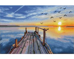 Diamond Painting Volwassenen - Ronde Steentjes - Volledig Pakket - Hobby - Diamond Dotz® - DD12.051 - Landschap - Zonsondergang bij het dok 71 x 47cm