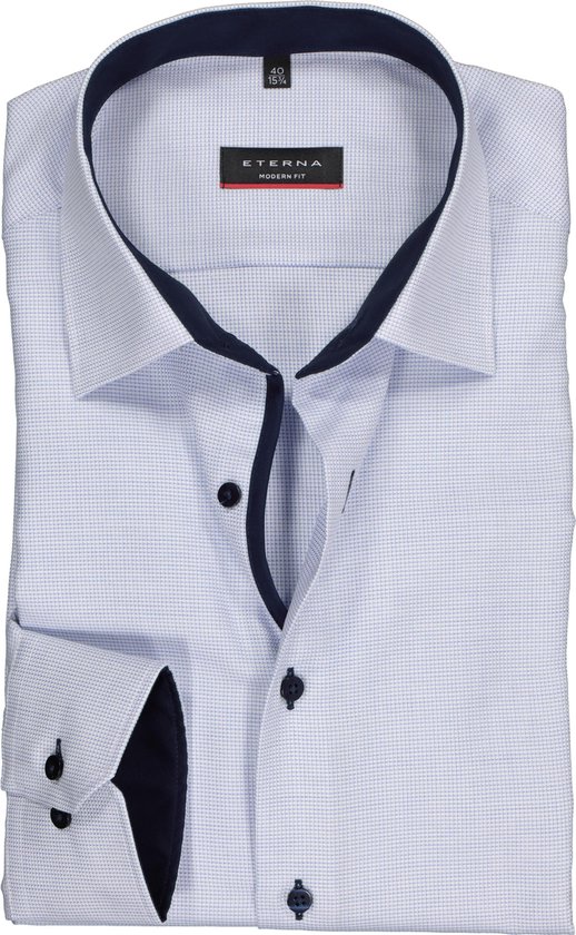 ETERNA modern fit overhemd - mouwlengte 7 - structuur heren overhemd - lichtblauw met wit (donkerblauw contrast) - Strijkvrij - Boordmaat: 44