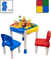 Decopatent® - Kindertafel met 2 Stoeltjes - Speeltafel met bouwplaat en vlakke kant - 4 Bakjes - Geschikt voor Duplo® Bouwstenen