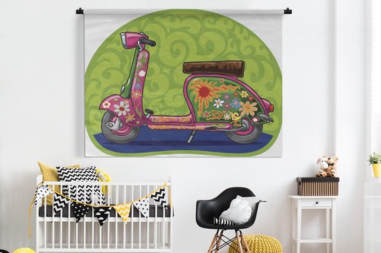 Tapisserie illustration Vespa - Illustration d'un scooter Vespa avec des fleurs Tapisserie coton 180x135 cm - Tapisserie avec photo