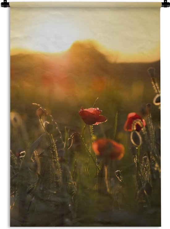 Wandkleed - Wanddoek - Klaproos - Zonsondergang - Goud - 60x90 cm - Wandtapijt