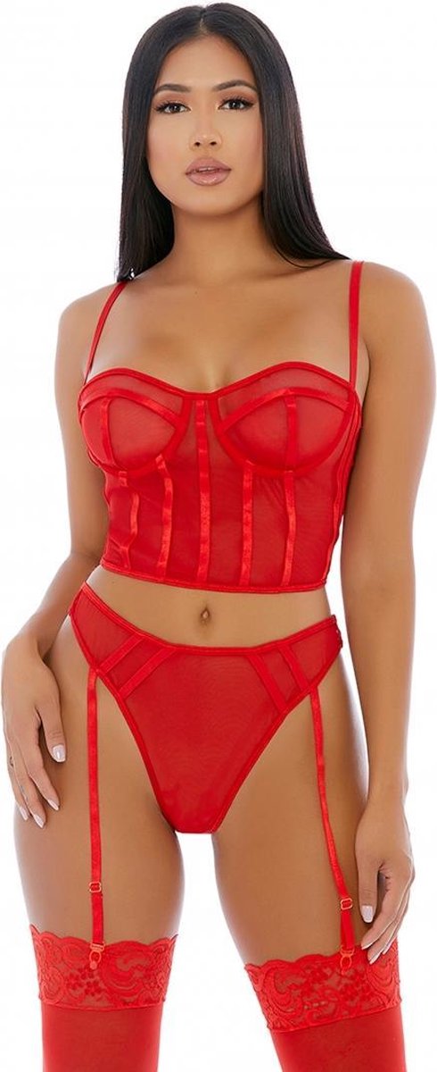 Sheer Intimacy Mesh Bustier Set - Red - L