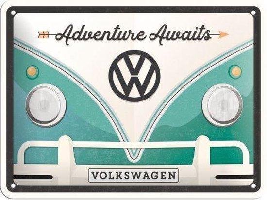 Metalen Wandbord met reliëf - Volkswagen VW Bulli Adventure Awaits - 15 x 20 cm