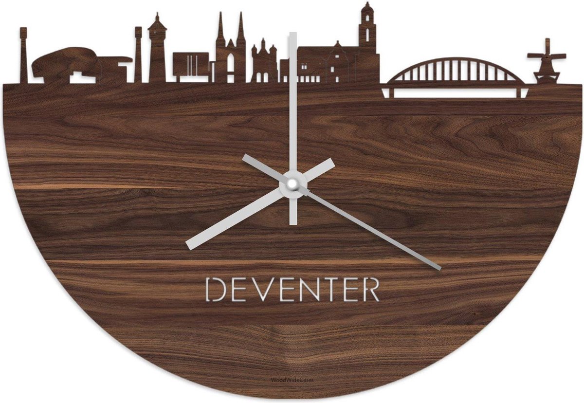 Skyline Klok Deventer Notenhout - Ø 40 cm - Stil uurwerk - Wanddecoratie - Meer steden beschikbaar - Woonkamer idee - Woondecoratie - City Art - Steden kunst - Cadeau voor hem - Cadeau voor haar - Jubileum - Trouwerij - Housewarming - WoodWideCities