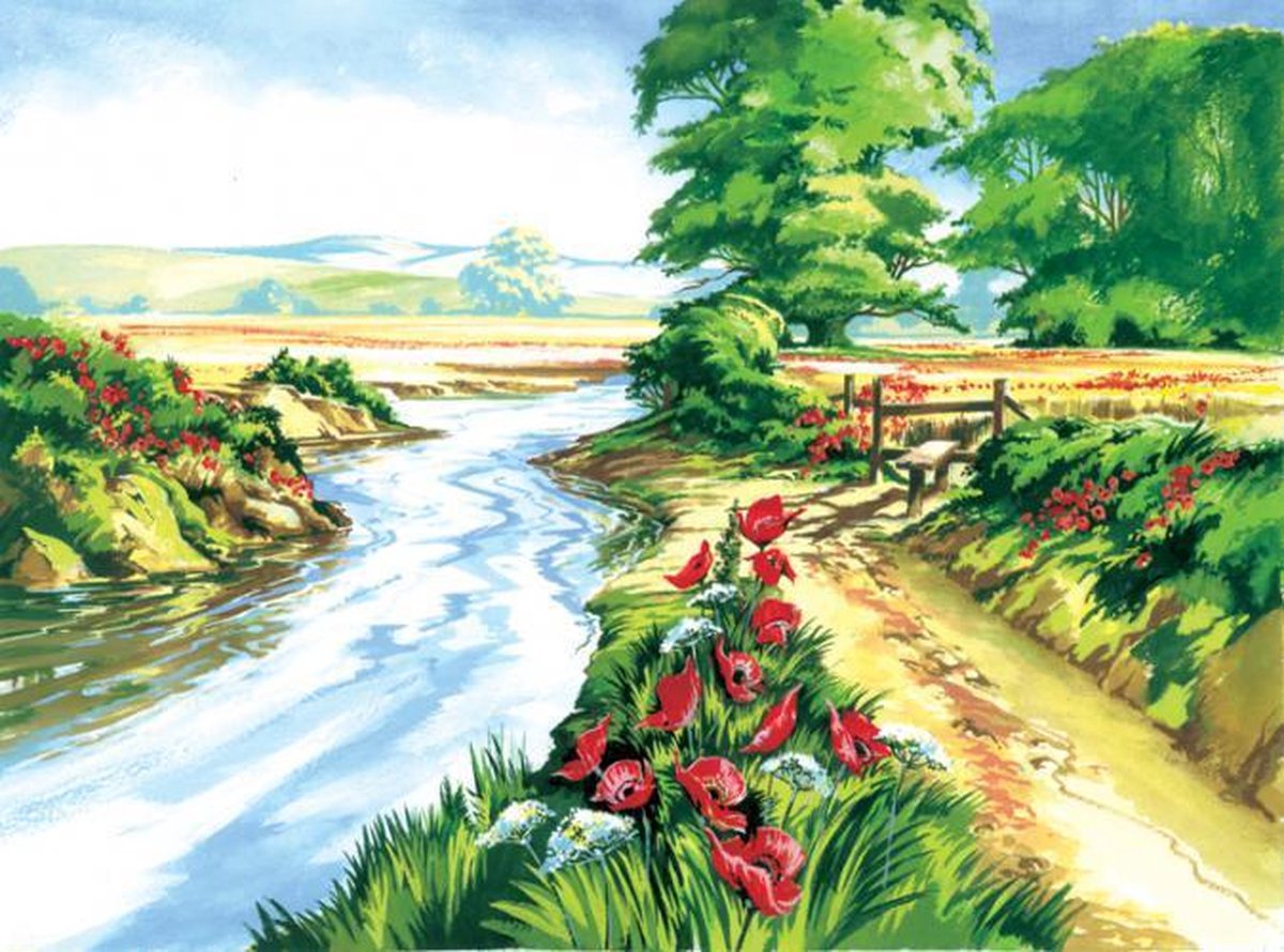 Schilderen op nummer - Paint by numbers - Bloemen - Klaprozen bij de rivier 28,6x39cm - Schilderen op nummer volwassenen - Paint by numbers volwassenen