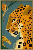 JUNIQE - Poster met kunststof lijst Vintage luipaard -60x90 /Blauw &