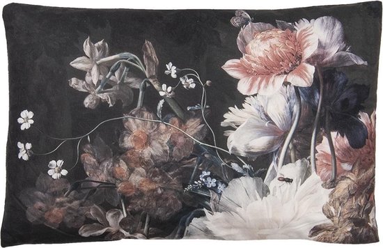 Clayre & Eef Sierkussen 60x40 cm Zwart Wit Polyester Rechthoek Bloemen Kussenhoes met Kussenvulling