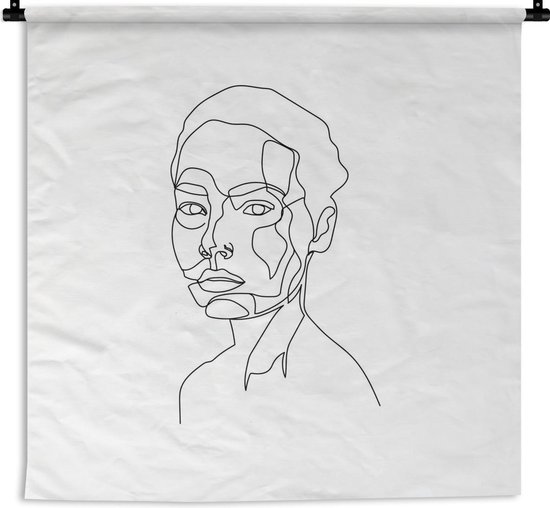 Wandkleed Line-art Vrouwengezicht - 15 - Illustratie kortharige vrouw op een witte achtergrond Wandkleed katoen 90x90 cm - Wandtapijt met foto