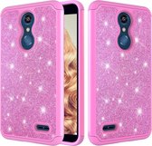 Glitter poeder contrast huid schokbestendig siliconen + pc beschermhoes voor LG K10 2018 / K30 (roze)