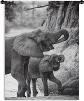Wandkleed Baby olifant en moeder - Drinkende baby olifant met zijn moeder in zwart-wit Wandkleed katoen 60x80 cm - Wandtapijt met foto