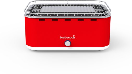 Rode Barbecook Carlo tafel BBQ met verchroomd rooster en zilverkleurige knop.