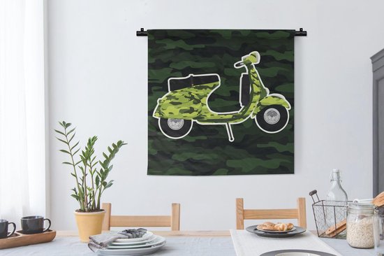 Illustration de la Tapisserie Vespa - Illustration d'une Vespa aux couleurs camouflage Tapisserie coton 90x90 cm - Tapisserie avec photo