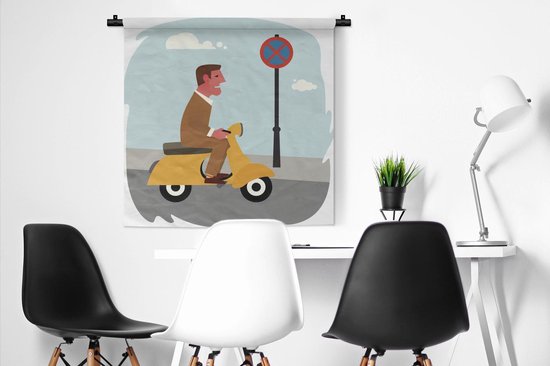Tapisserie Illustration Vespa - Illustration d'un homme sur une Vespa Tapisserie coton 90x90 cm - Tapisserie avec photo
