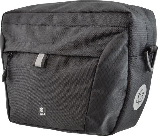 Sac de guidon noir avec structure nid d'abeille sur les côtés, fermeture éclair et logo AGU.