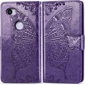 Butterfly Love Flowers Embossing Horizontale Flip Leather Case voor Google Pixel 3A, met houder & kaartsleuven & portemonnee & lanyard (donkerpaars)