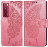 Voor Huawei Nova 7 Pro Butterfly Love Flower reliÃ«f horizontaal flip lederen tas met beugel / kaartsleuf / portemonnee / lanyard (roze)