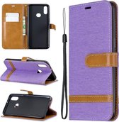 Voor Galaxy A10s Kleuraanpassing Denim Texture Horizontaal Flip Leather Case met houder & kaartsleuven & Wallet & Lanyard (paars)