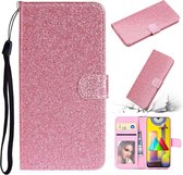 Voor Samsung Galaxy A21s Glitter Poeder Horizontale Flip Leren Case met Kaartsleuven & Houder & Fotolijst & Portemonnee & Lanyard (Roze)