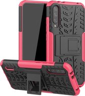 Voor Xiaomi Mi CC9e Tire Texture TPU + PC schokbestendige hoes met houder (roze)