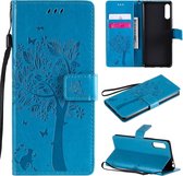 Voor Sony Xperia L4 Tree & Cat reliÃ«fpatroon Horizontale flip lederen tas met houder & kaartsleuven & portemonnee & lanyard (blauw)