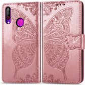 Butterfly Love Flowers reliÃ«f horizontaal flip lederen hoesje voor LG W30 met houder & kaartsleuven & portemonnee & lanyard (rose goud)