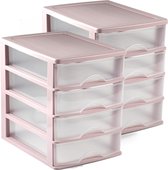 3x stuks ladeblok/bureau organizer met 4 lades roze/transparant - L35,5 x B27 x H35 - Opruimen/opbergen laatjes