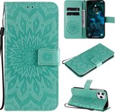 Voor iPhone 12 Pro Max Geperst Afdrukken Zonnebloempatroon Horizontale Flip PU-lederen Case Houder & Kaartsleuven & Portemonnee & Lanyard (Groen)