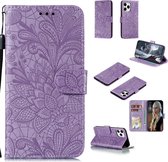 Voor iPhone 12 Pro 6.1 Lace Flower horizontale flip lederen tas met houder & kaartsleuven & portemonnee & fotolijst (paars)