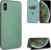 Voor iPhone XS Max Carbon Fiber Texture Magnetische Horizontale Flip TPU + PC + PU lederen tas met kaartsleuf (groen)