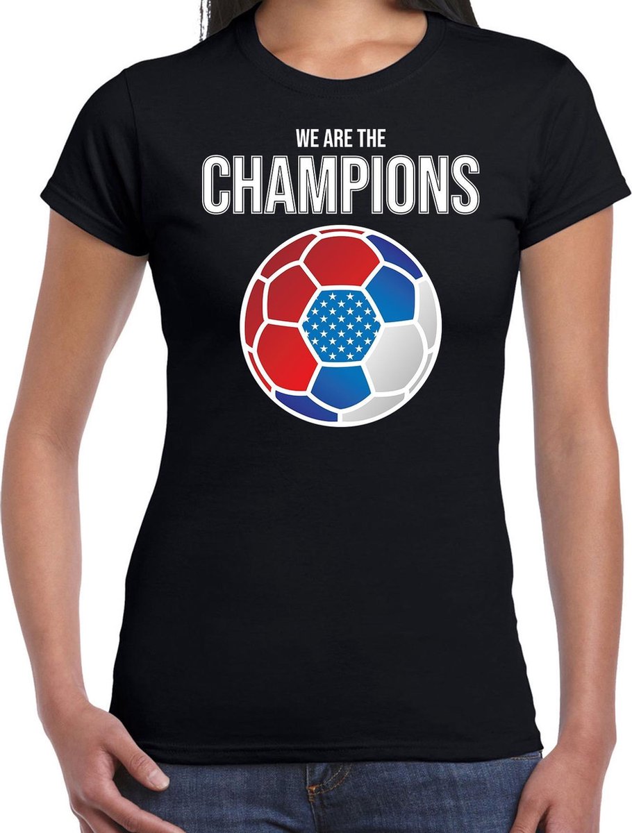 Afbeelding van product Bellatio Decorations  USA WK supporter t-shirt - we are the champions met USA voetbal - zwart - dames - kleding / shirt XS  - maat XS