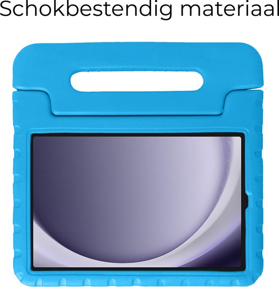 Blauw tablethoesje met handvat en schermopening.