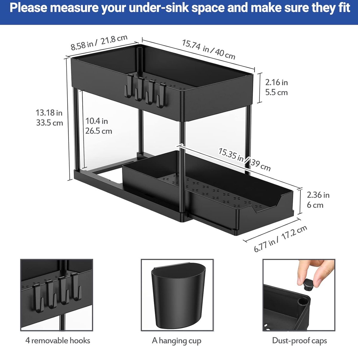 2 étagères Sous évier Réglables – Rangement Pratique Pour Cuisine & Salle De Bain, Paniers Amovibles
