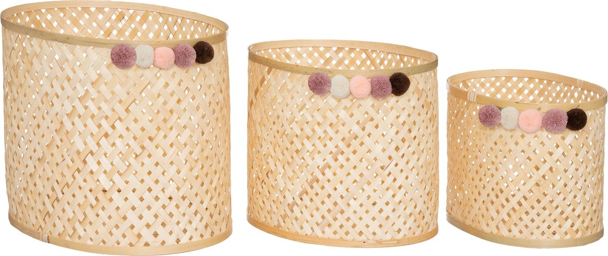 Atmosphera Kids Mandenset pompon set van 3 - Opbergers - Naturel - Bamboe
